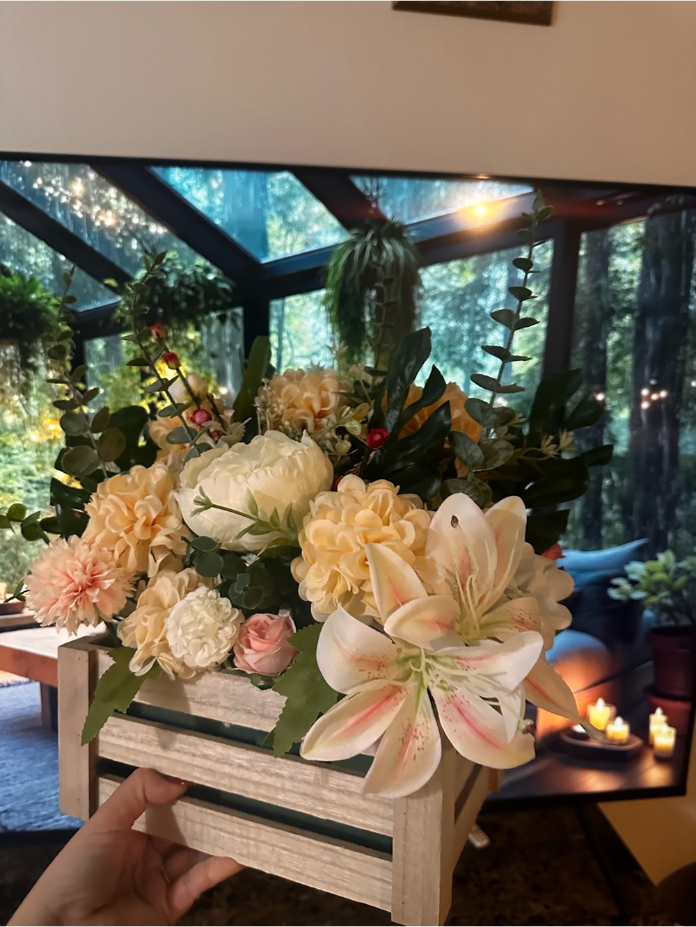Rustic Wooden Crate Artificial Flower Arrangement in Peach and Cream